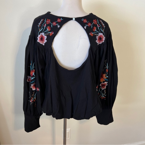 Free People Lita Embroidered Cutout Boho Blouse Black Large top long sleeve - Picture 5 of 9